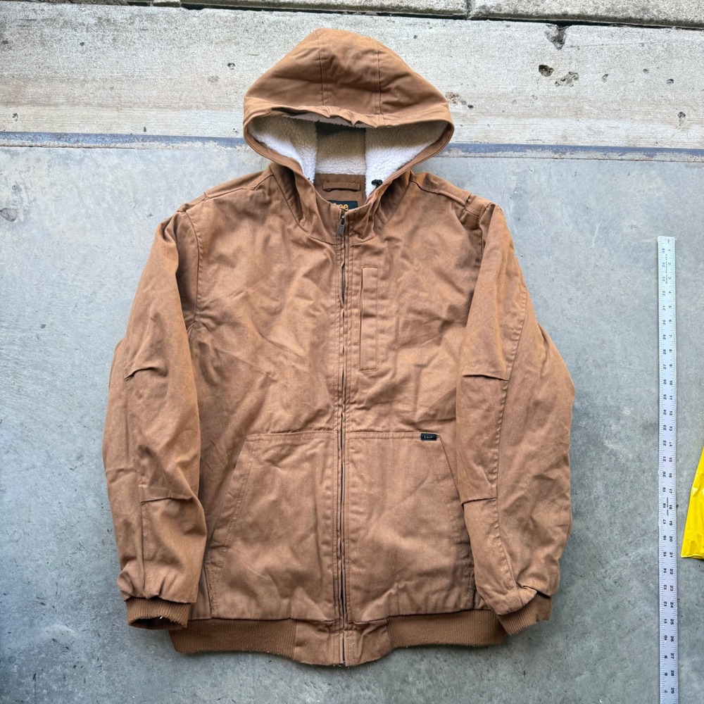 Lee Premium Select Mens XL Brown Canvas Sherpa Lined Hooded Work Jacket Bomber